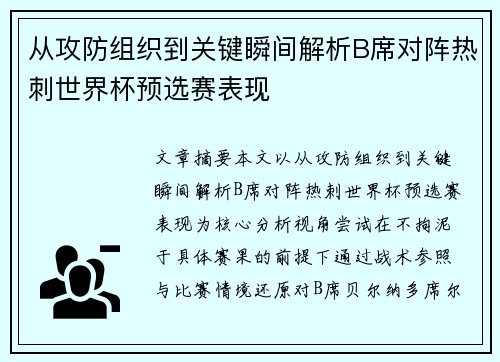 从攻防组织到关键瞬间解析B席对阵热刺世界杯预选赛表现