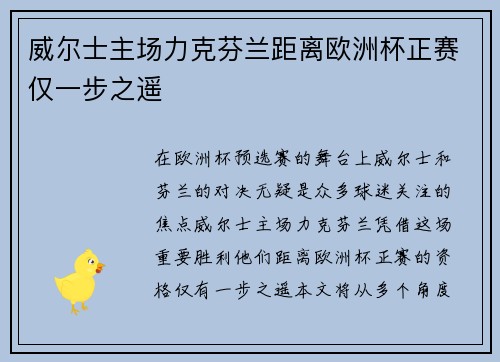威尔士主场力克芬兰距离欧洲杯正赛仅一步之遥 威尔士主场力克芬兰距离欧洲杯正赛仅一步之遥